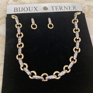 NEW! Bijoux Terner Two Tone Silver & Gold Tone Choker & Earrings Set 4 CZ Stones